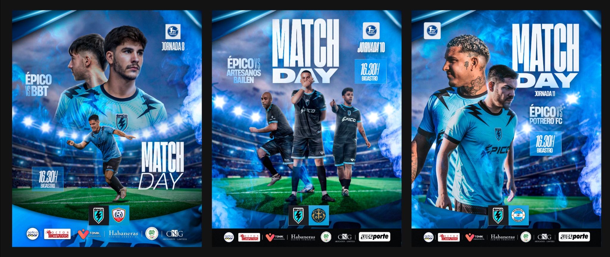 Primera línea gráfica de Épico FC en tonos azules